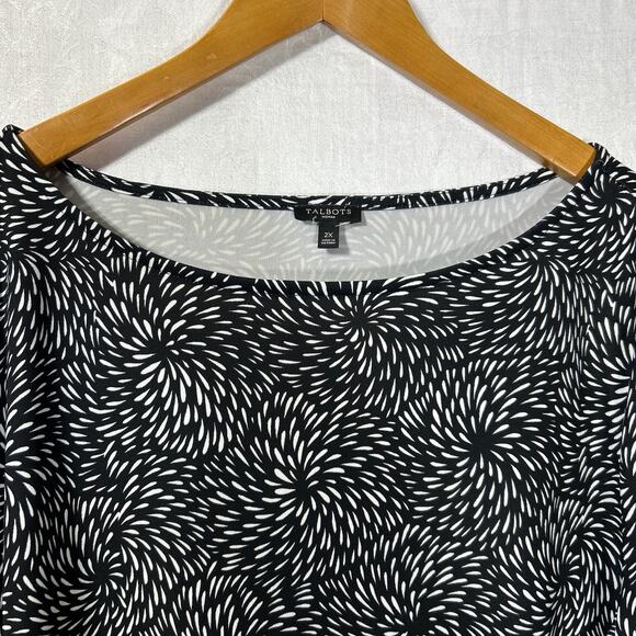 Talbots 2X Blouse Black White Slinky 3/4 Sleeve Travel - Picture 7 of 11